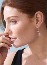 Woman wearing earrings with gold clasp, two diamantés, and a faceted, sparkling pendant