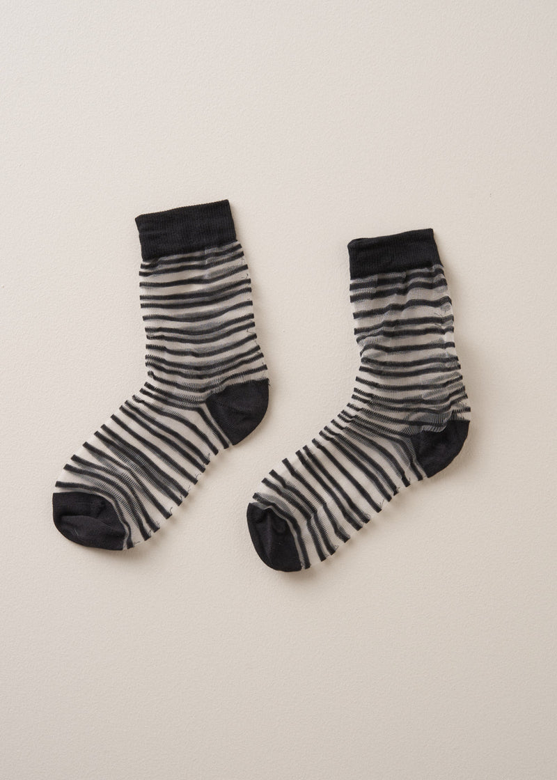 Black and sheer striped cotton blend ankle socks with ribbed hem