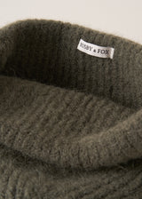 "Busby and Fox" branding on a super soft, alpaca wool blend beanie in khaki
