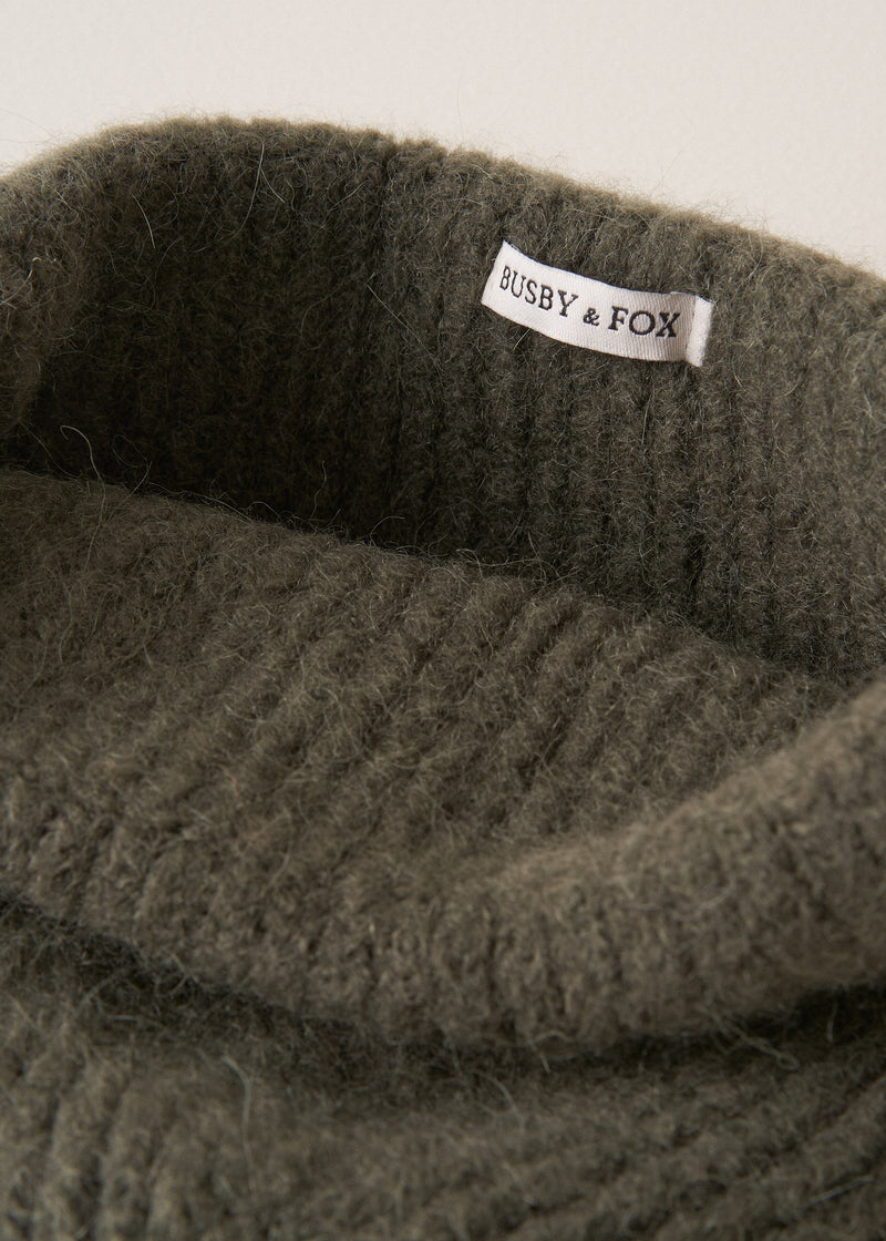 "Busby and Fox" branding on a super soft, alpaca wool blend beanie in khaki