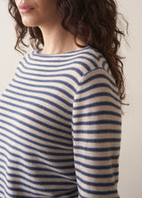 Close up of woman wearing blue and white stripe knit sweater