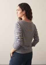 Model wearing blue and white stripe knit sweater and dark grey joggers
