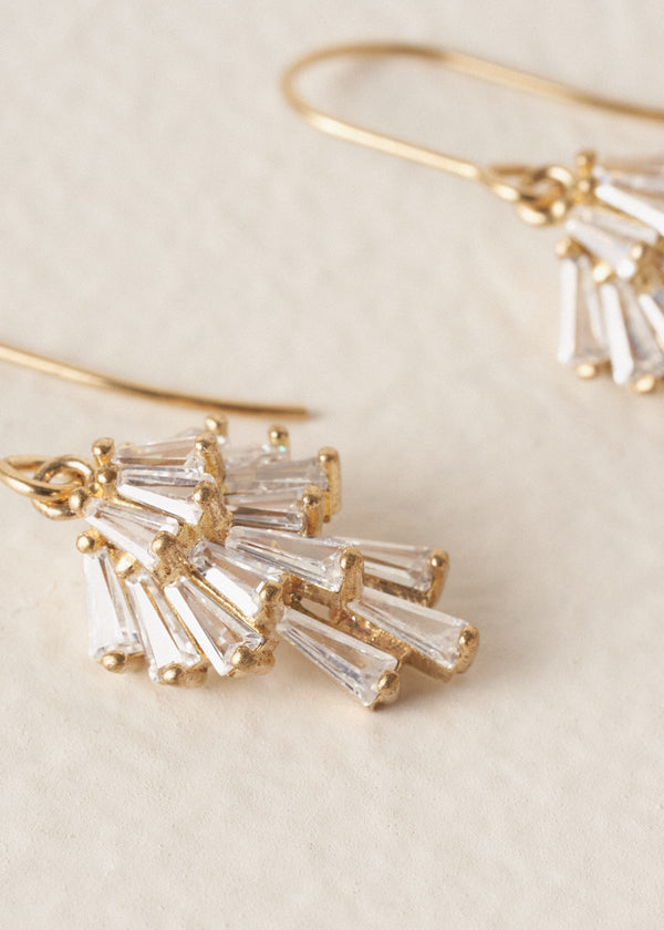 Close up detail of crystal clusters on gold drop earrings