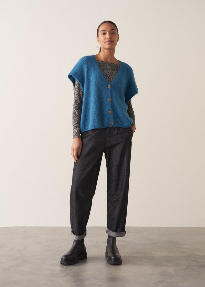 Bright blue knitted sleevless waistcoat