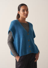 Bright blue knitted sleevless waistcoat