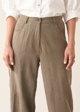 Woman wearing light khaki trousers with a white, puff sleeve shirt and brown leopard loafers.