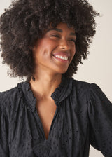 Woman wearing a black v-neck broderie dress against a beige background