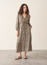 Woman wearing leopard print wrap midi dress and sandals