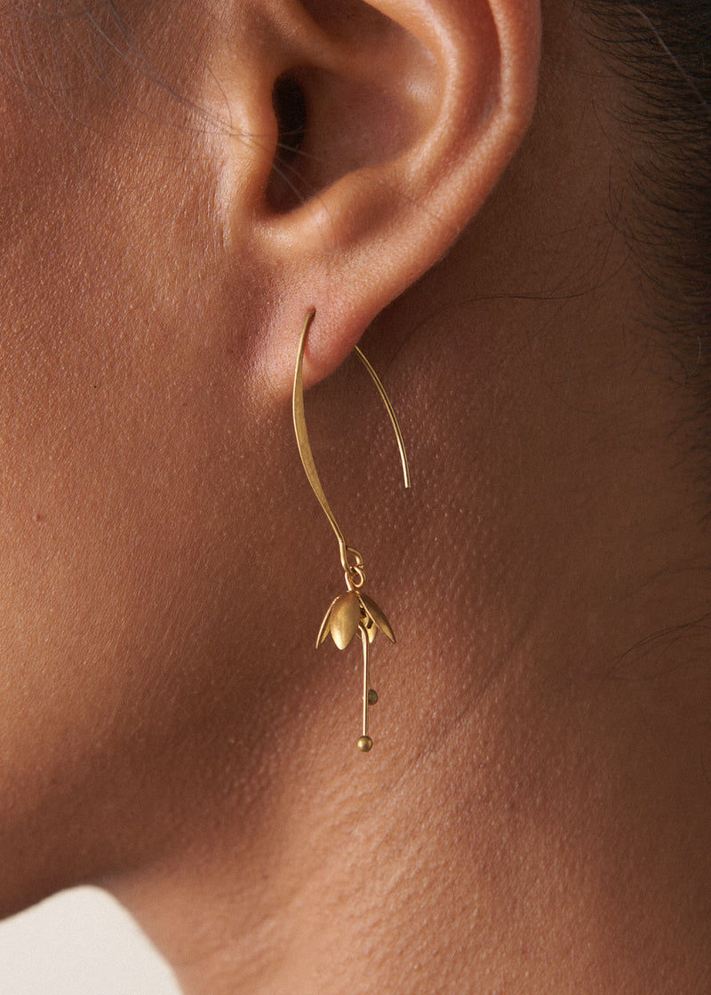 Women wearing gold blossom drop earrings, set against a beige background