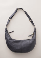 Black leather sling banana bag with zip fastening