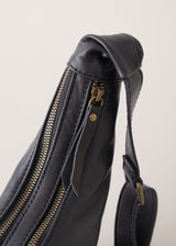 Black leather sling banana bag with zip fastening