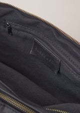 Black leather sling banana bag with zip fastening