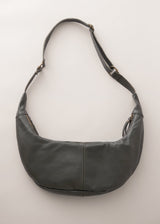 Khaki green leather sling banana bag with zip fastening