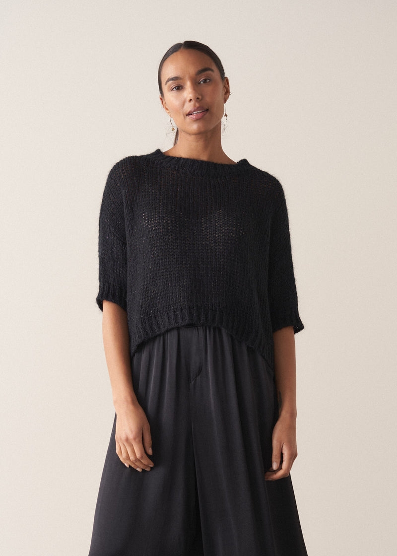 Black short sleeve sweater with sparkle detail