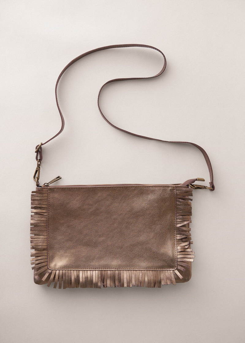 Bronze-coloured leather clutch bag with fringe details on a light gray background