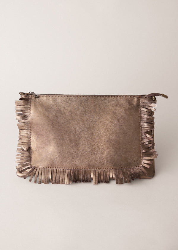 Bronze-coloured leather clutch bag with fringe details on a light gray background