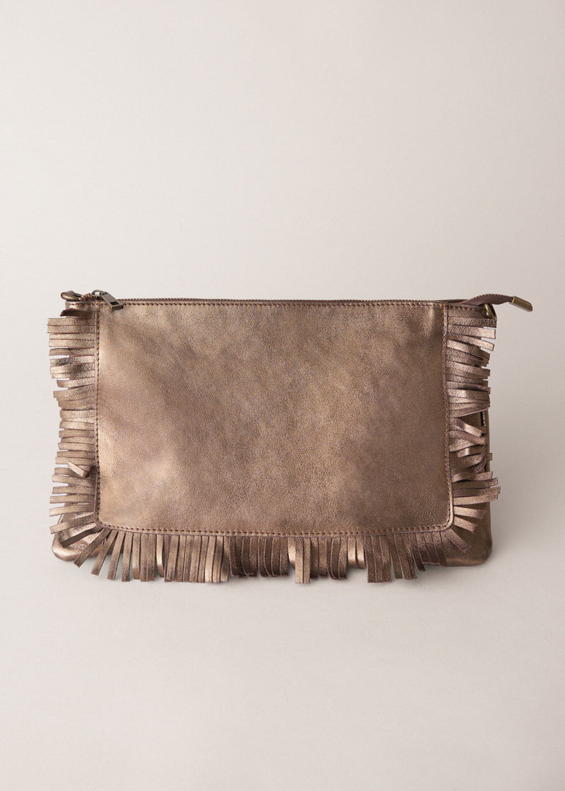 Bronze-coloured leather clutch bag with fringe details on a light gray background