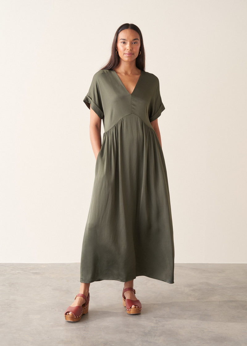 khaki colour dress Voyage Shirt - Green Stripes Aralisse is a captivating maxi dress that exudes timeless elegance with a modern NICOLE SATIN DRESS - KHAKI