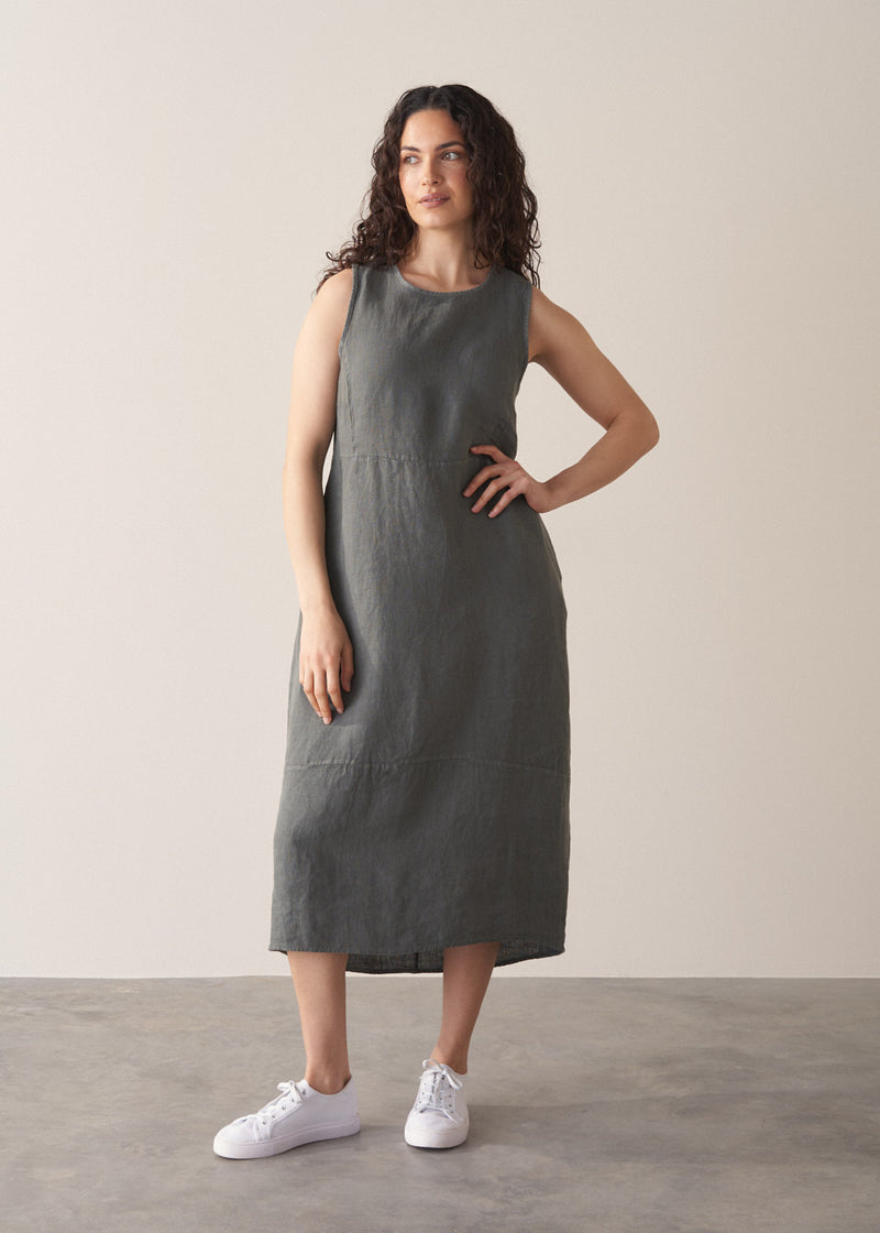 Pearl Linen Sleeveless Dress - Khaki | Dresses Busby & Fox Pearl Linen Sleeveless Dress - Khaki | Dresses Busby & Fox