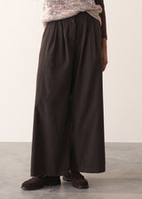 Woman wearing a sleeveless sweater and wide-leg brown corduroy trousers against a plain background