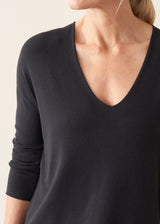 Woman wearing black lightweight knit sweater with blue jeans and a beige jacket