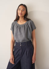REMY LINEN CHECK TOP - NAVY