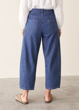 A person shown from the back wearing blue wide-leg cropped jeans, a white eyelet blouse, and tan slide sandals against a plain beige studio background.