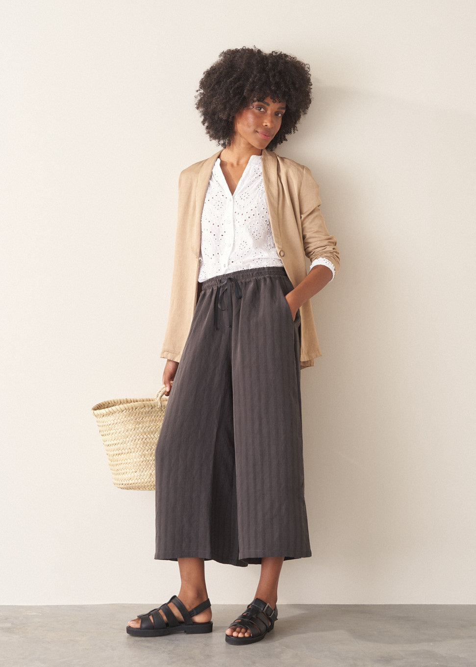 Samira Wide Leg Cropped Textured Trouser - Charcoal | Bottoms