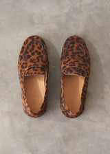 Pair of leopard print loafers on a grey surface