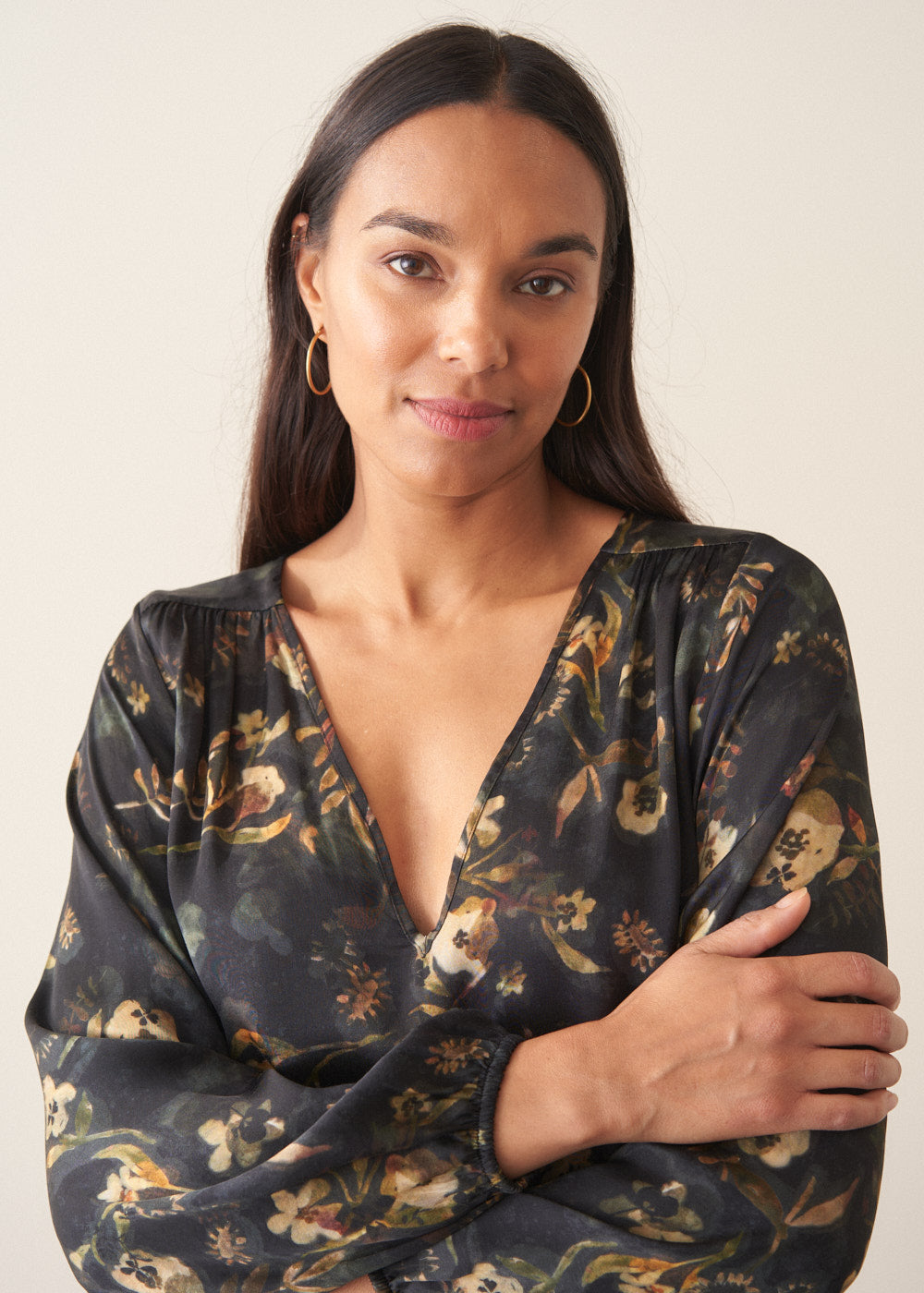 Skye Floral Print Long Sleeve Top - Black