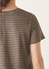 Woman wearing khaki stripe t-shirt and blue wide leg jeans